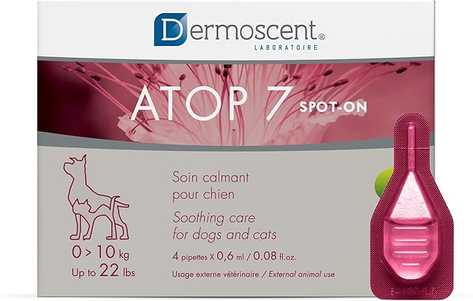 Dermoscent ATOP 7 spot-on - Dogs and Cats Up to 22lbs - Soothing Care for Sensitive, Dry and Itchy Skin or Allergy Prone Skin - Natural Ingredients - 4 pipettes