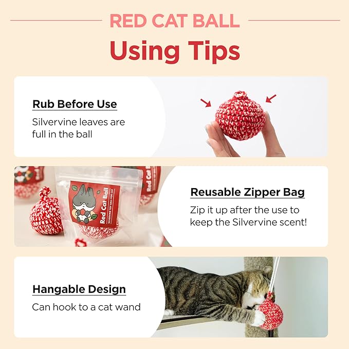 JAYU PET Red Cat Ball [W/O Bell Version] - Handmade Silvervine Cat Toy with Catnip, Interactive Matatabi Ball for Indoor Cats & Kittens, Feline Play Toy & Gift (2.7 inch)