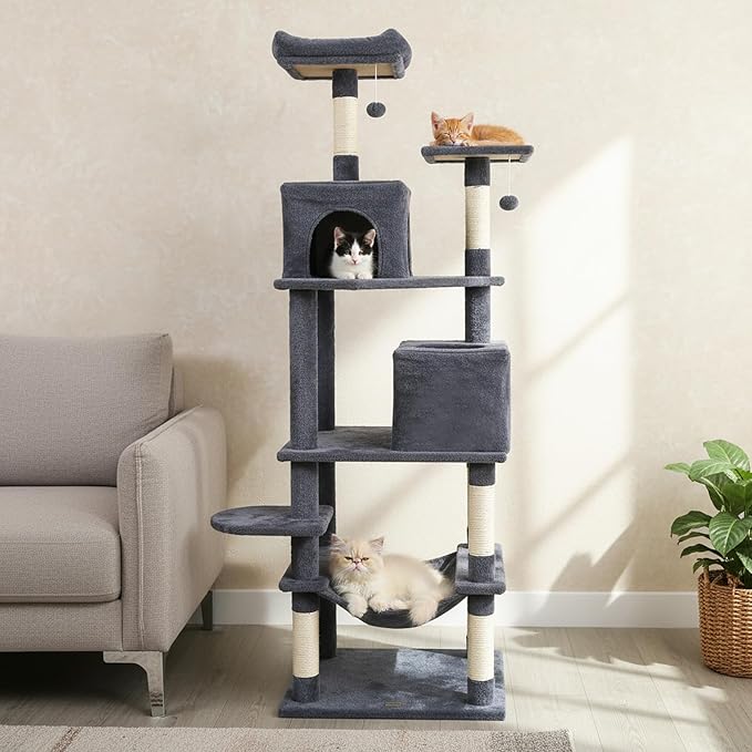 Tangkula Cat Tree for Indoor Cats, 75 Inch Extra Tall Cat Tower with Sisal Scratching Post, Padded Top Perch, Dual Condos, Hammock, 2 Dangling Balls, Platforms, Multi-Level Cat Climbing Furniture
