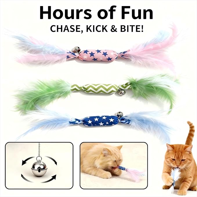 CealumVita Catnip Toy Candy Shape with Bright Colors Feathers & Bell, Kicker Chew Toy for Indoor Cats, Enrichment Toys for Bored Kittens & Adult Cats, 3-Pack Crinkle Plush Toys for Teething and Play