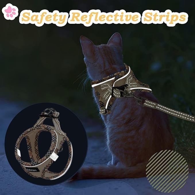 Cat Harness and Leash Set for Walking, Escape Proof Adjustable Soft Mesh Kitten Harness with Reflective Strips, Breathable No-Choke Pet Vest for Small Cats or Puppies(Beige,XXS)