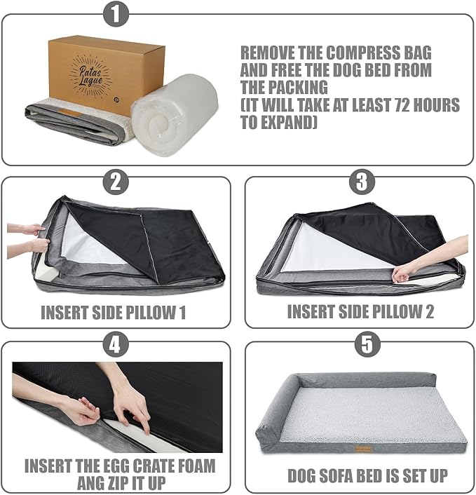 Patas Lague Orthopedic Dog Bed Large Sized Dog 36''X24'', Waterproof L Bolster Medium Pet Sofa Beds with Removable Washable Cover, Soft Comfortable Pet Couch Crate Mat with Nonskid Bottom, Purple