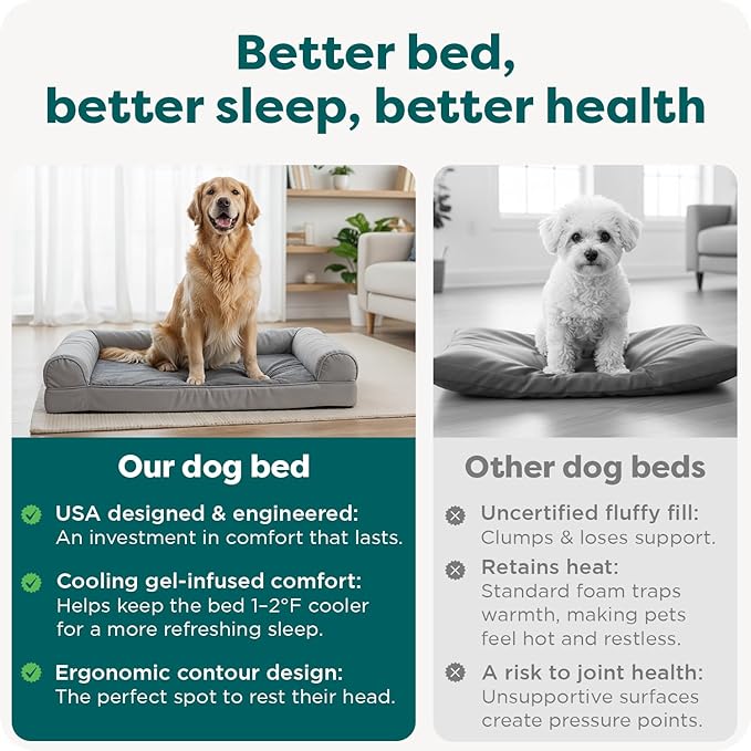FurHaven Orthopedic Dog Bed for Large Dogs, Sofa-Style with Cooling Gel topper with orthopedic memory foam base for Joint Support, Removable Washable Cover, Jumbo/XL, Plush & Suede, Gray
