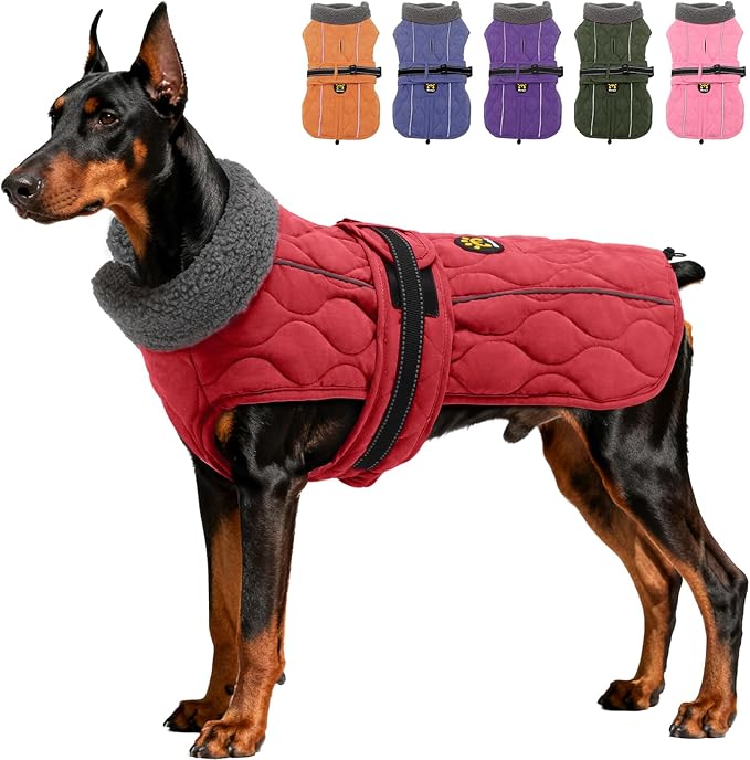 Dog Coat Winter, Waterproof Quilted Dog Jacket for Cold Weather, Reflective Adjustable Puppy Winter Coat, Warm Turtle-Neck Pet Fleece Snow Jacket for XX-Large Dogs, NewRed XXL
