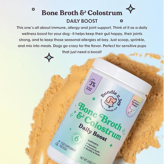Bundle x Joy Beef Bone Broth for Dogs with Colostrum Daily Boost Powder, Immune Support & Allergy Relief for Dogs, Beef Flavor, 4.8 oz, 54 Servings with Scoop - Dog Supplements Made in USA