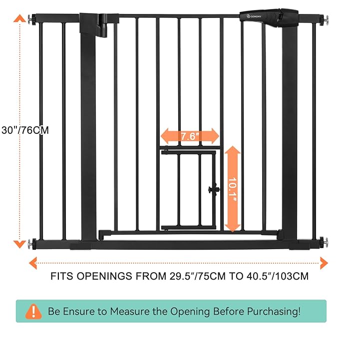 COMOMY Auto Close Baby Gate with Cat Door, 29.5"-40.5" Extra Wide Dog Gate for House Doorways Stairs, Pressure Mounted Easy Walk Thru Pet Gate, Includes 4 Wall Cups and 2 Extension Pieces, Black