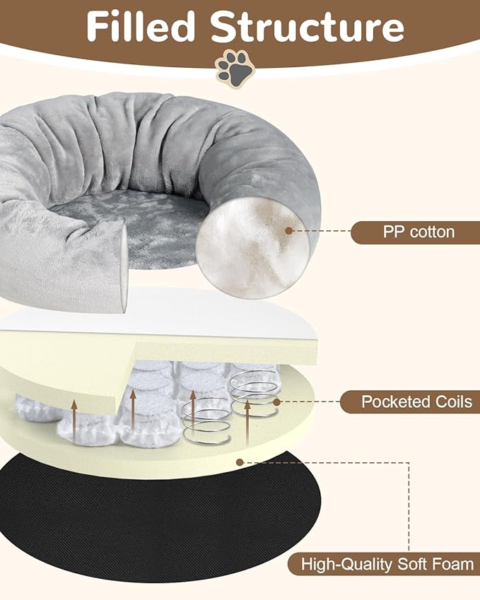 Donut Dog Bed with Pocketed Coils and Soft Foam Support, Detachable Washable Calming Puppy Bed for Small Dogs, Round Flannel Anti-Anxiety Pet Bed, 20 in, Gray