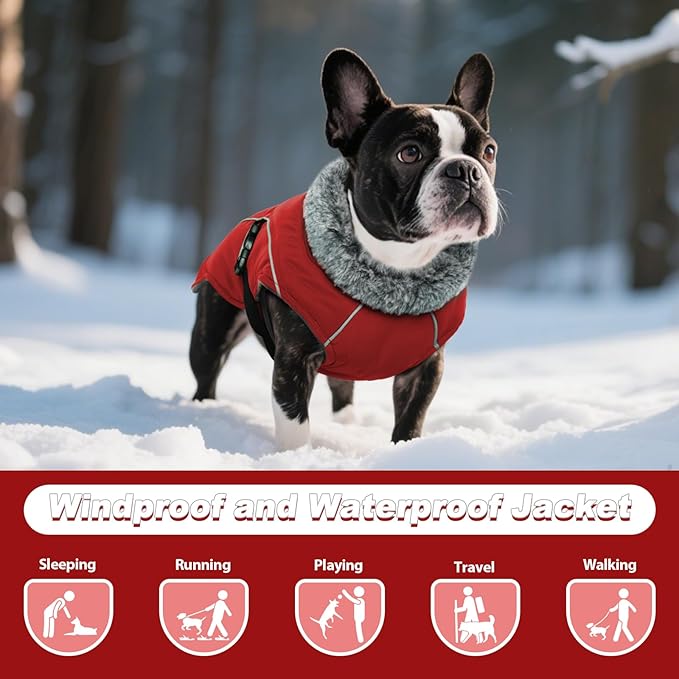 DENTRUN Winter Warm Dog Coat Reflective Jacket with Turtleneck for Cold Weather, Adjustable Buckle Windproof Water Repellent, Thick Snowsuit Fleece Vest for Small, Medium, Large Dogs, Red, XXL