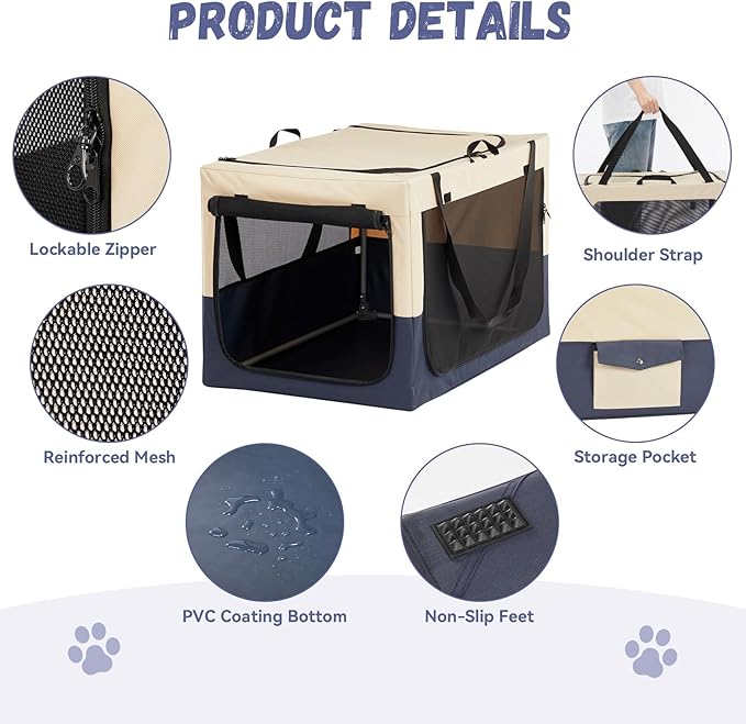 A 4 Pet Soft Dog Crate 36 Inch Mid Portable Collapsible Pet Travel Kennel, 3-Door Soft-Sided Lockable Zippers & Reinforced Steel Frame, Easy Setup, Mesh Panels — Ideal for SUV, Car, Camping & Home Use
