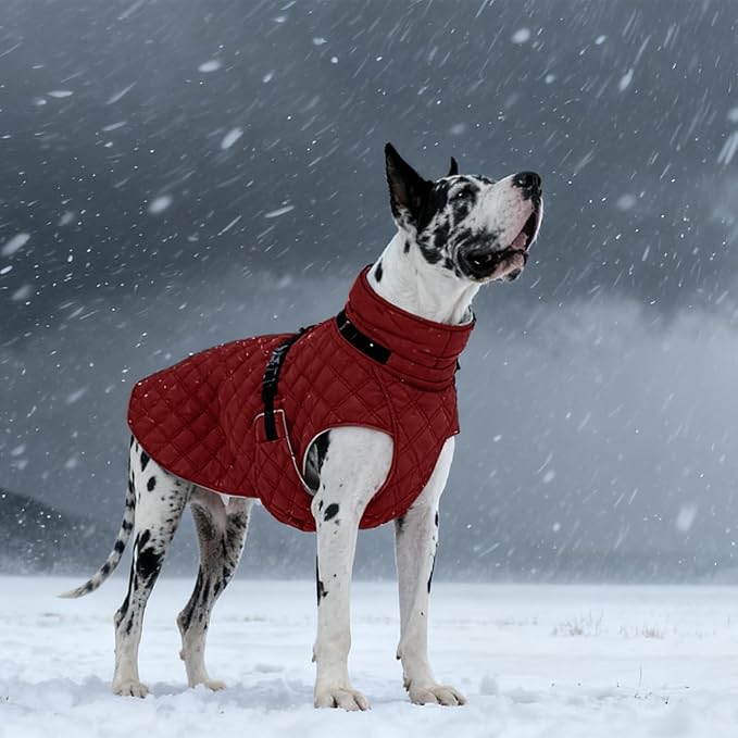Kuoser Dog Coat Warm Fleece Lining Turtleneck Dog Jacket with Harness Built-in, Adjustable Windproof Cold Weather Coats with Quick Release Buckle Pet Winter Snowsuit for Small Medium Dogs, Red M