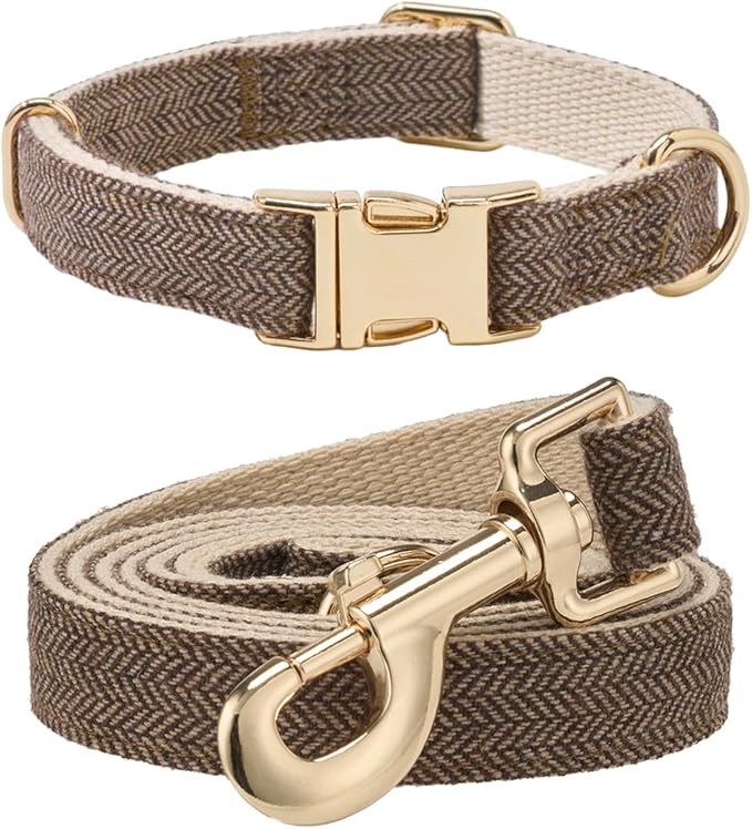 Soft Hemp Dog Collar and Leash Set Adjustable Woven Tweed Dog Collars with Metal Buckle and Lead for Small Medium Large Dogs,Coffee