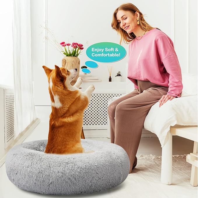 SAVFOX Calming Dog Bed, Anti Anxiety Dog Bed, Plush Donut Dog Bed for Small Dogs, Medium, Large & X-Large, Soft Fuzzy Comfy Dog Bed in Faux Fur, Washable Cuddler Pet Bed, Multiple Sizes XS-XL