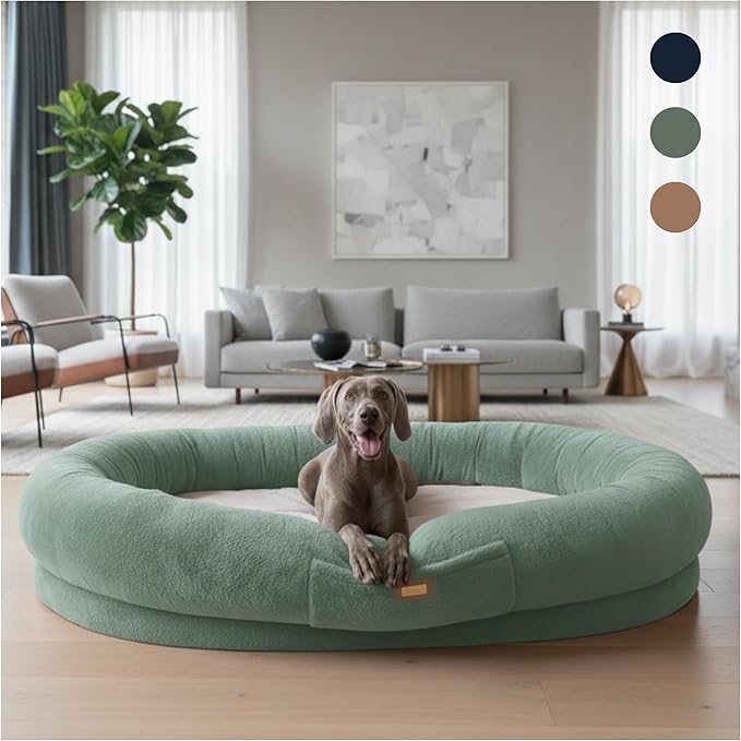 Human Dog Bed for Adults & Pets – Extra Large Cozy Lounger with Ultra-Soft Plush Fabric, Premium Egg Crate Foam & Removable Washable Cover – Oversized Pet Bed for Relaxation & Bonding (Green & Beige)