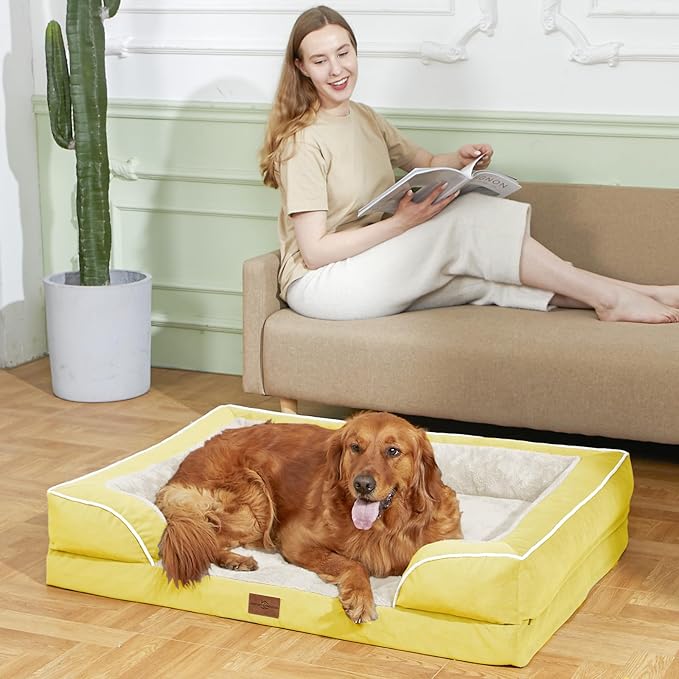 Comfort Expression Orthopedic Dog Bed for Medium Dogs 30x20 Inch, Waterproof Egg Crate Foam Medium Pet Bed with Removable Bolsters, Dog Couch with Washable Cover & Non-Slip Bottom, Spicy Mustard