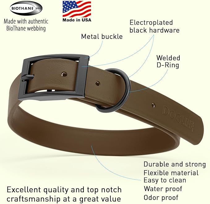 Dogline Biothane Coated Webbing Dog Collar w/Black Metal Hardware: Durable Easy-Clean Everyday Collar for Dogs - Comfortable Adjustable Odor-Resistant Pet Collar, W1 x L18-22, Dark Chocolate Brown