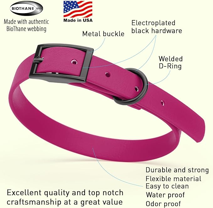 Dogline Biothane Coated Webbing Dog Collar with Black Metal Hardware: Durable Easy-Clean Everyday Collar for Dogs - Comfortable Adjustable Odor-Resistant Pet Collar, W5/8" x L12-15, Magenta Pink