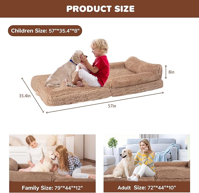 57" Foldable Human Dog Bed for Kids, Fluffy Faux Fur, Orthopedic Washable Dog Bed with Memory Foam and Water Repellent Liner Thick for Pet Installation Free