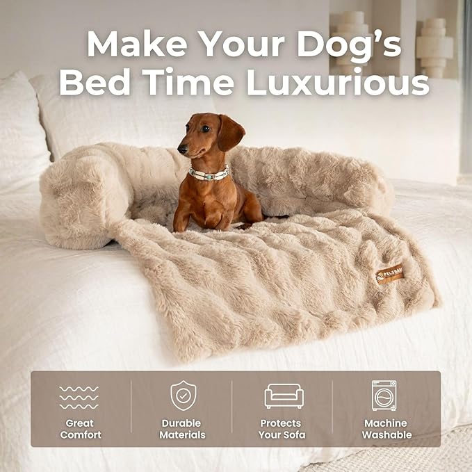 Pelsbarn Dog Bed for Couch, Luxurious Sofa Bed for Dogs with Non-Slip Oxford Bottom - Faux Rabbit Fur with Removable Cover, Small, Beige - 28x28 in
