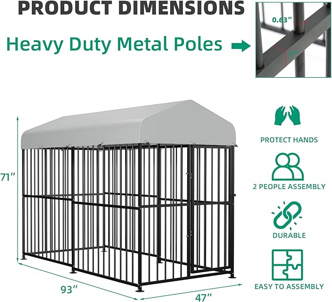 VIVIJASON 4 x 8 x 6 Ft Large Outdoor Dog Kennel, Heavy Duty Metal Frame Dog Cage with Thickened Bars, UV & Waterproof Cover, Outside Pen Playpen Dog Run House for Large to Small Dogs