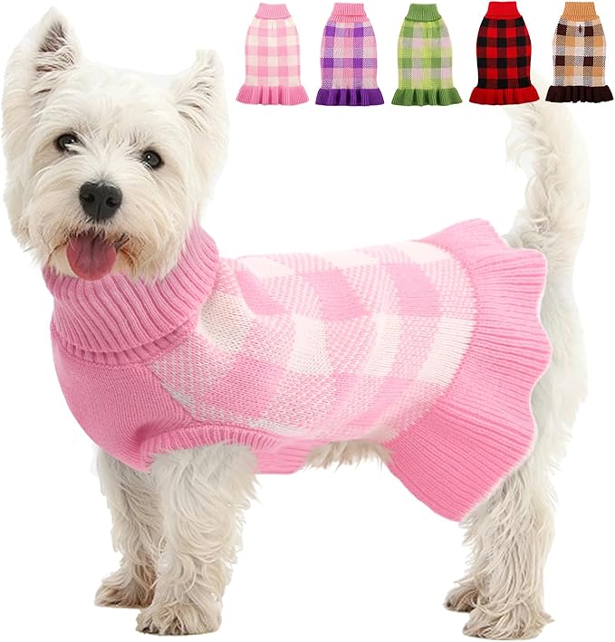 Dog Sweater Dress Plaid Knitwear for Small Medium Dogs Warm Puppy Pet Turtleneck Stretch Pullover Cute Fall Winter Vest Clothes with Leash Hole for Christmas (Pink, 2XL)