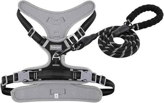 Adjustable Dog Harness - No Pull, Reflective, Soft Padded for Small, Medium, Large Dogs - Includes Leash Black XL