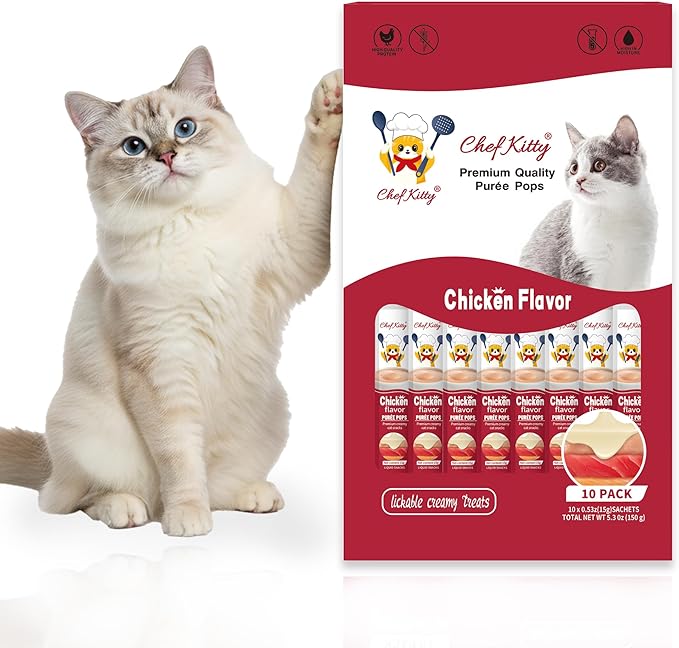 Chef Kitty Purée Pops, Cat Treats, Grain-Free, Lickable, Squeezable Creamy Cat Treat/Topper with Vitamin E & Taurine, 0.5 Ounces Each Tube, 10 Tubes, Chicken Flavor