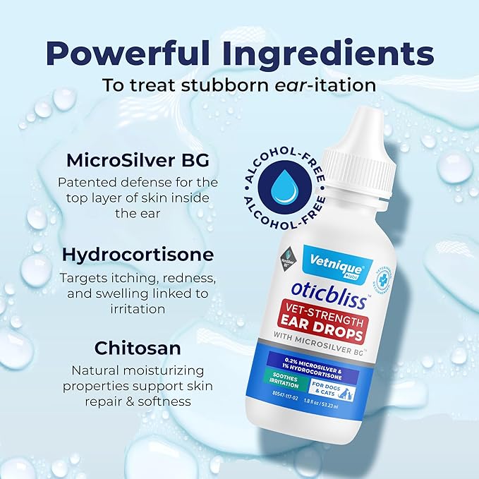 Vetnique Oticbliss Cat & Dog Ear Infection Treatment/Dog Ear Allergy Relief Drops, MicroSilver Yeast Infection Treatment for Dogs, Hydrocortisone for Itching, Redness Swelling (Ear Infection)