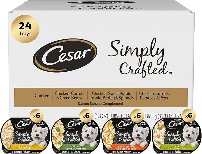 Cesar Simply Crafted Adult Wet Dog Food Meal Topper, Variety Pack, 1.3 oz Tub, 24 Count (Pack of 1)