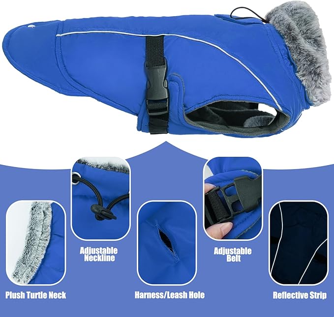 DENTRUN Winter Warm Dog Coat Reflective Jacket with Turtleneck for Cold Weather, Adjustable Buckle Windproof Water Repellent, Thick Snowsuit Fleece Vest for Small, Medium, Large Dogs, Blue, XXXL