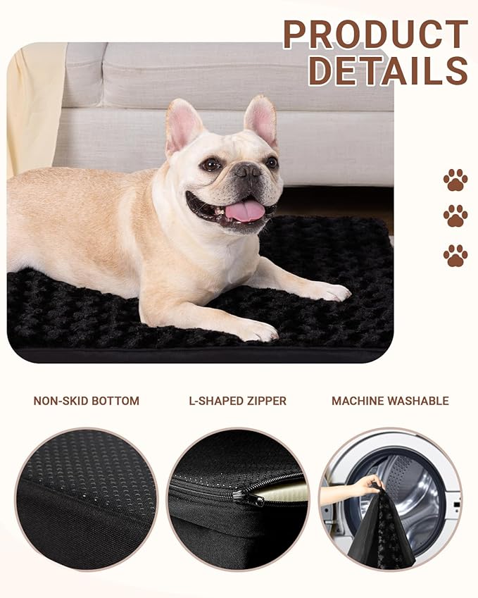 KSIIA Dog Crate Bed Waterproof Large Dog Bed Soft Rose Velvet Supportive Kennel Pad Egg Crate Foam with Removable Washable Cover & Non-Slip Bottom, 35 x 22 Inch, Black