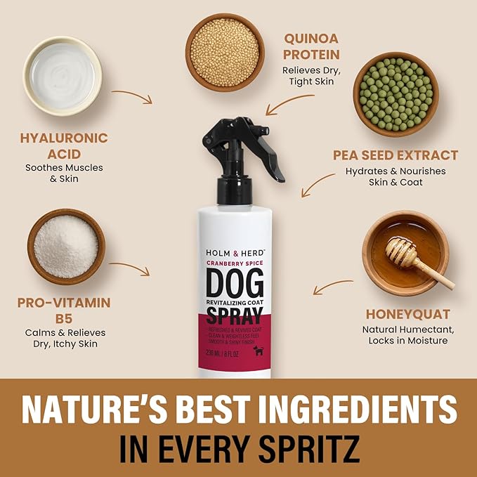 Holm & Herd Dog Perfume Spray – Deodorizing Coat Spray for Dogs that Hydrates & Enhances Shine – Dog Cologne & Leave-in Conditioner – Cranberry Spice 8oz