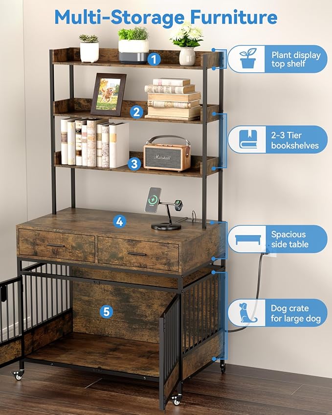 Petrova 72" Tall Dog Crate Furniture with Storage Shelves, 39" Heavy Duty Wooden Dog Kennel Indoor for Medium Dogs, Decorative Dog Cage with Charging Station, LED Light, 2 Drawers, Wheels