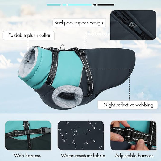 Warm Dog Coat with Harness - Waterproof Windproof Zipper, Fleece Lined Puffer Jacket for Large Dogs, Winter Snow Coat