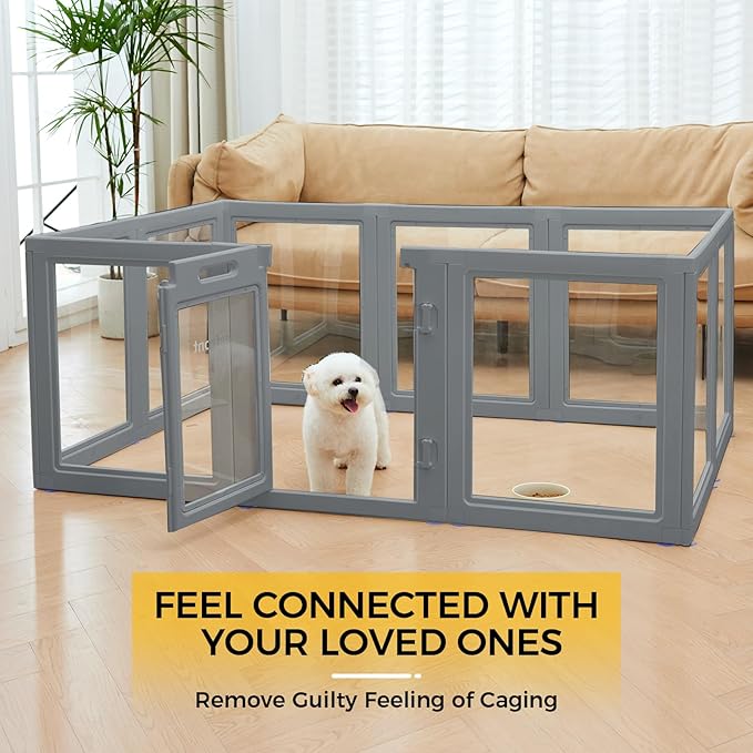 Clear Dog Play Pen - Easy Assemble Durable Plastic Acrylic Dog Playpen - Dog Playpen Indoor, Puppy Playpen, Cat Playpen, Small Animal Playpen, Dog Play Pen Indoors (Grey, 23.6" H, 12PCS)