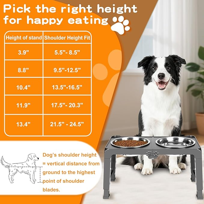 Elevated Dog Bowls with 2 Thick 50oz Stainless Steel Food Bowls, Raised Stand Adjusts to 5 Heights(3.9", 8.8", 10.4", 11.9", 13.4") for Medium and Small Dogs, Grey