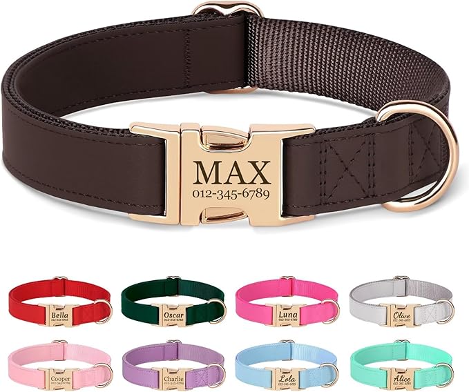 PET ARTIST Personalized Dog Collars, Custom Engraved Dog Collar with Silent Name Tag, Gold Quick Released Buckle & Soft Nylon Padded, Elegant Colors & Matching Leash for Medium Dogs,Brown,M Fit 13-19"