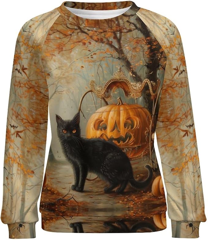 Womens novelty funny cat printed crewneck sweatshirt casual loose long sleeve graphic pullover sweatshirts tops