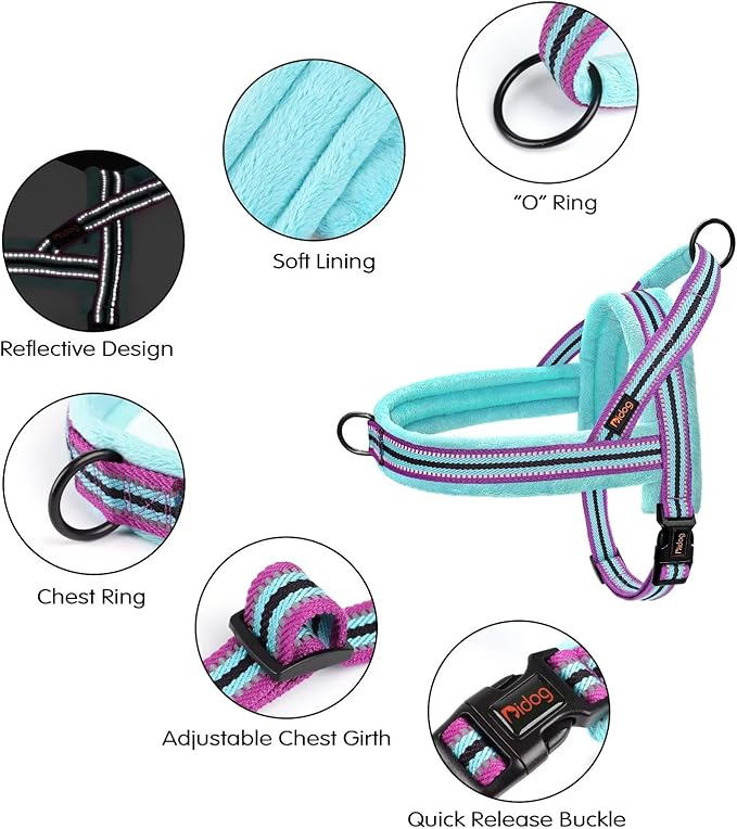 Didog Soft Flannel Padded Dog Vest Harness, No Pull/Quick Fit Reflective Dog Strap Harness, Easy for Training Walking (M:Chest 21-26", Mixed-Blue)