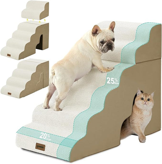Dog Steps for High Beds - 6 Step 29" H Pet Stairs with Tunnel 2 in 1 with Zippers Suitable for Large Dogs and Cats, Indoor Cat Ladders with Non-Slip Bottom, Beige