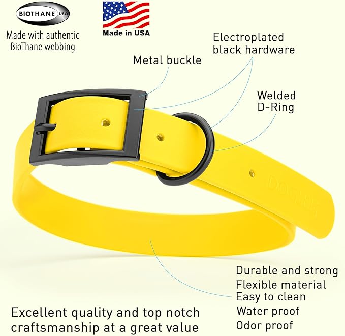 Dogline Biothane Coated Webbing Dog Collar with Black Metal Hardware: Durable Easy-Clean Everyday Collar for Dogs - Comfortable Adjustable Odor-Resistant Pet Collar, W1 x L18-22, Lemon Yellow