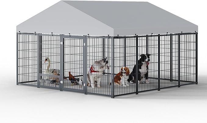 Dog Crate Dog Kennel Outdoor W/Roof,Large Dog Cage W/Adjustable Height Rotating Feeder & 2 Stainless Steel Bowls,Dog Pens Outside W/Double Door Lock,for Yard,Black(9.62x9.35x6.18 FT)