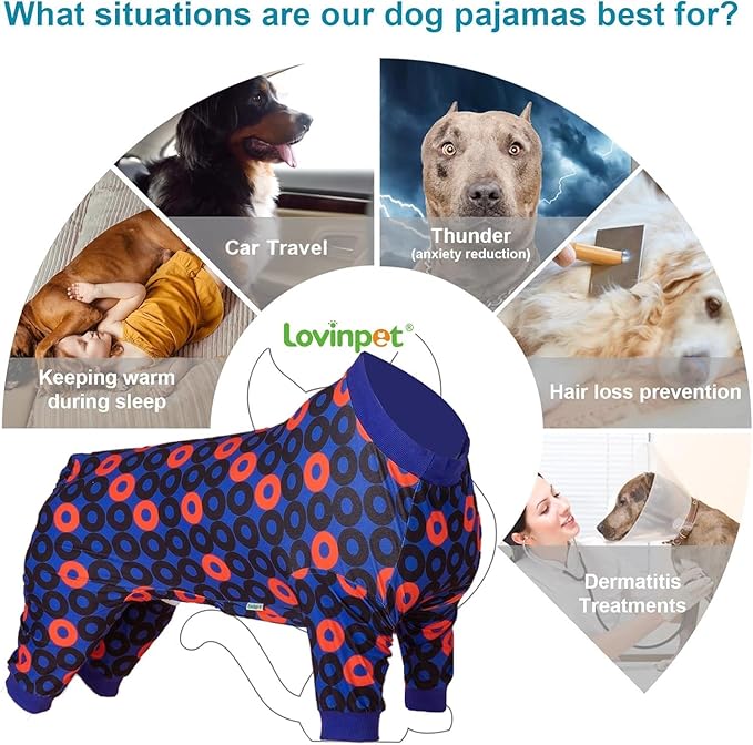 LovinPet Dog Pjs for Extra Large Dogs Anti Licking Anxiety Calming Big Dog Pajamas,Lightweight Stretchy Fabric,Ring Print,Jammies for Large Dogs,Pitbull Party Clothes,Big Dog Costume,Medium