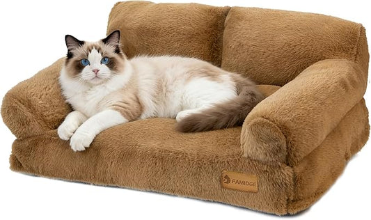 Cat Couch Bed - Cat Bed for Indoor Cats, Calming Pet Sofa Puppy Sleeping Bed with Removable Washable Cover, Cute Dog Couch and Kitty Lounge Chair for 20lbs Cats & Small Dogs(Brown)