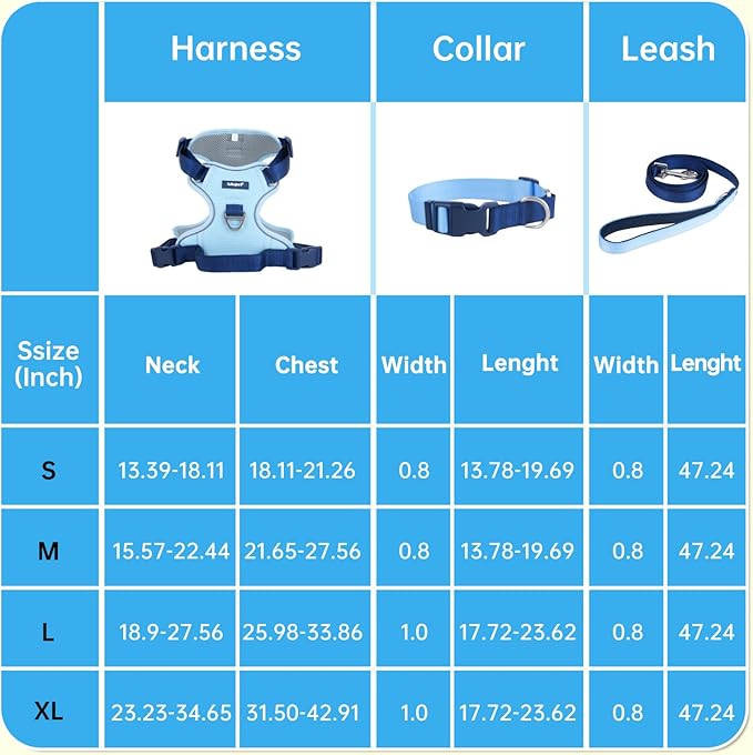No Pull Dog Harness Leash and Collar Set, Adjustable Dogs Vest with Reflective Strip Soft Handle for Small Medium Large Sized Dog Blue