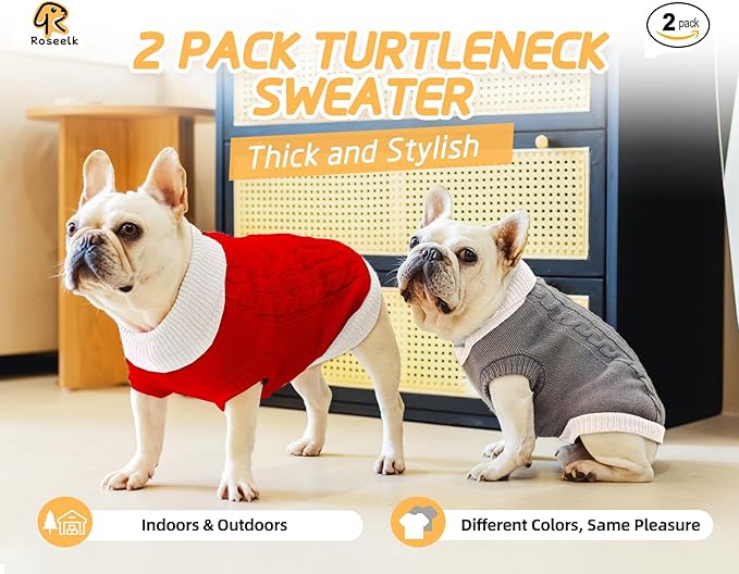 2 Pack Dog Christmas Sweaters for Small Dogs - Puppy Medium Warm Clothes Winter, Turtleneck Pullover Design for Male Boy Girl Pet, Doggie, Cat, Kitten Chihuahua Bulldog (S, Xmas Red, Grey)