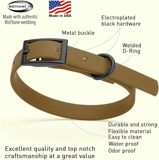 Dogline Biothane Coated Webbing Dog Collar with Black Metal Hardware: Durable Easy-Clean Everyday Collar for Dogs - Comfortable Adjustable Odor-Resistant Pet Collar, W1/2" x L9-12, Coyote Brown