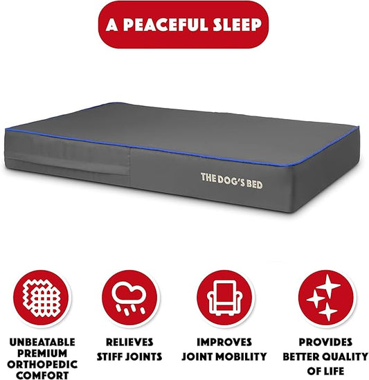 The Dog’s Bed Orthopedic Memory Foam Dog Bed, XL Grey/Blue 46x28, Pain Relief for Arthritis, Hip & Elbow Dysplasia, Post Surgery, Lameness, Supportive, Calming, Waterproof Washable Cover