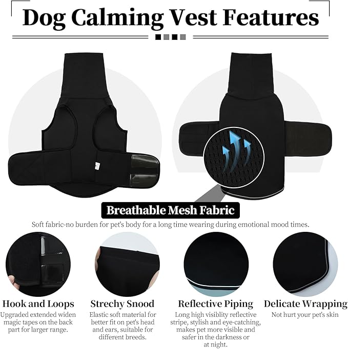 ROZKITCH Dog Calming Hoodie, Anti-Anxiety Vest for Storms & Fireworks, Adjustable Breathable Dog Shirt with Ear Wrap for Comfort Black M