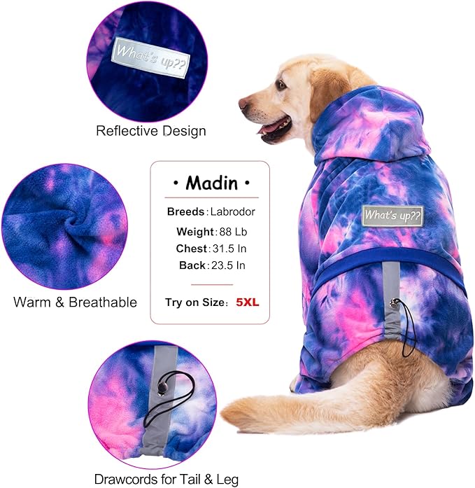 Dog Hoodies Winter Coat for Large Medium Dogs, Pullover 7 Legs Warm Coat Hooded Sweatshirt, Fleece Hoodie for Cold Weather (Bandhnu Pink, 3X-Large)