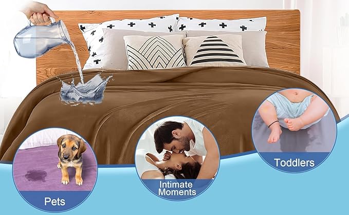 Queen Size Waterproof Blanket – Stain-Proof, Spill-Proof Flannel Blanket for Bed, Couch, Kids & Pets Protection, Reversible Splash-Proof Design (Velvet Brown & Twilight Blue, 80x90)